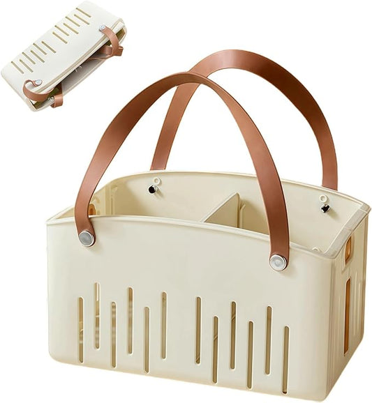 Portable Shower Caddy Basket Plastic Collapsible Cleaning Organizer Storage Tote with Handle Removable Divider for College, Dorm Room, Camp, Gym, Dorm, Bathroom (White)