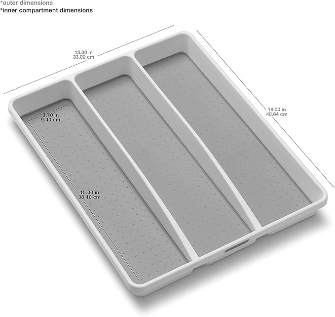 madesmart 3 Compartment Utensil Tray, Multi Purpose Storage Organizer, Non Slip Lining,Deep Storage for Ladles, Whisks & Serving Tools, for Drawers & Home Organization, White