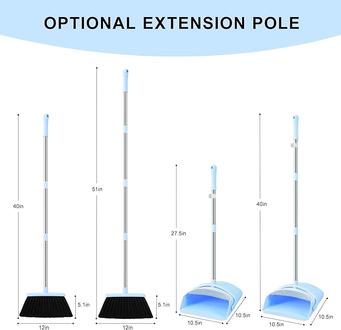 Broom and Dustpan Set, 52-in Handle Broom Dustpan Combo Set with Dustpan Teeth to Clean Pet Hair Suitable for Home Kitchen Office Garden Garage(Blue)