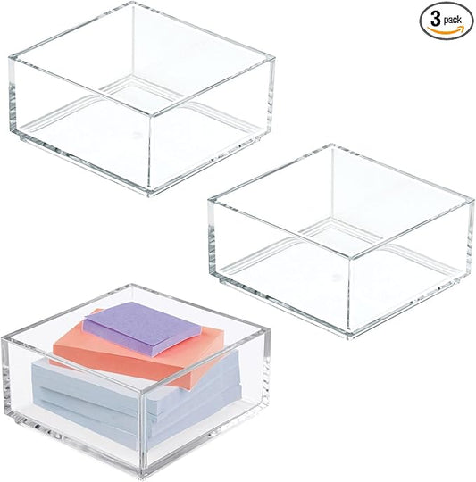 mDesign Plastic Square Desk Organizer - Create Section for Home Office Drawers, Desktop - Holds Pens, Paper Clips, Notebooks and Other Office Supply Accessory - Lumiere Collection - 3 Pack, Clear