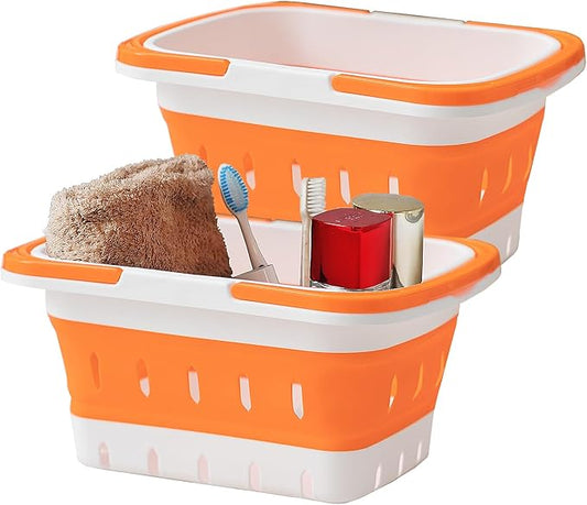 Portable Folding Plastic Bath Caddy with Handle, Perforated, Travel Bathroom Organizer for Bedroom, Bathroom, Shower, Dorm Room, Camping and RV Use (Orange, 2 pack)