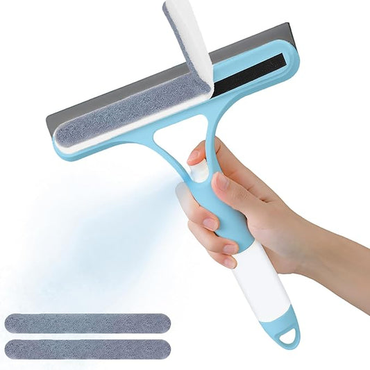 3 in 1 Window Cleaning Scraper with 2 Replaceable Cleaning Cotton Strips, 3 in 1 Spray Squeegee, Window Squeegee, Suitable for Cleaning Bathroom Glass, Mirrors, Car Windows (Blue)
