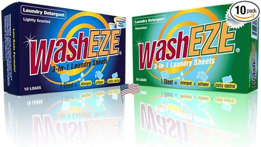 WashEZE (10 Ct) All in One Laundry Sheets Scented - Detergent-Fabric Softener-Stain Fighter - Static Guard Soap Sheet -All in One Detergent Sheet- Travel and Dorm Friendly