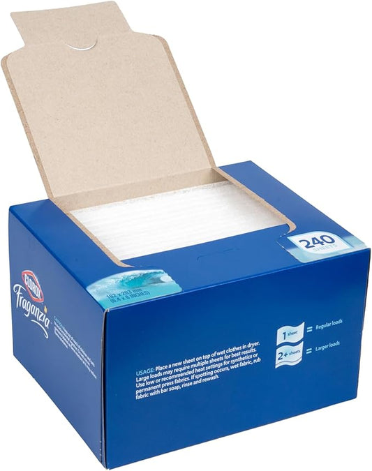 Clorox Fraganzia Fabric Softener Dryer Sheets, Ocean Scent - Wrinkle Reducing Scented Softening Laundry Dryer Sheets for Great Smelling Clothes, 240 Count