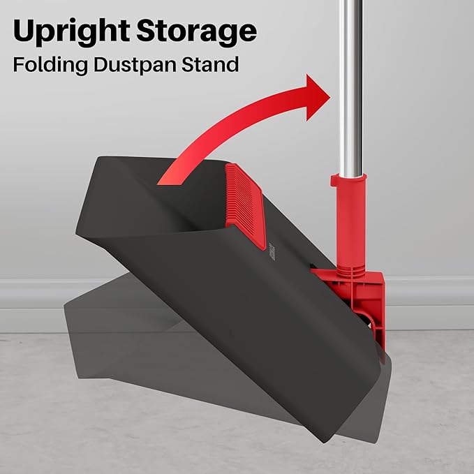 JOYMOOP Black and Red Broom and Dustpan Set, Upright Angle Design with Built-in Comb Teeth for Home, Office, Hard Floors