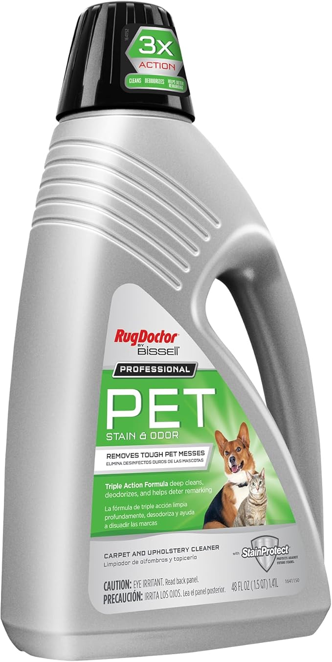 Rug Doctor Professional Triple Action Pet Stain and Odor Deep Carpet Cleaner Solution 48oz. Triple Action Formula Cleans, Deodorizes and Deters Remarking, Carpet Shampoo for Pet Stains & Odors