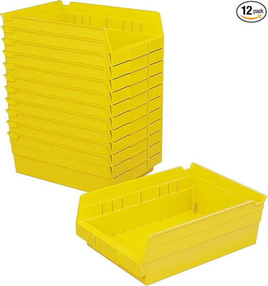 Akro-Mils 30150 Plastic Shelf Bins, Heavy Duty Storage Bins for Garage, Closet, and Drawer Organization, 12-Inch x 8-Inch x 4-Inch, Yellow, 12-Pack