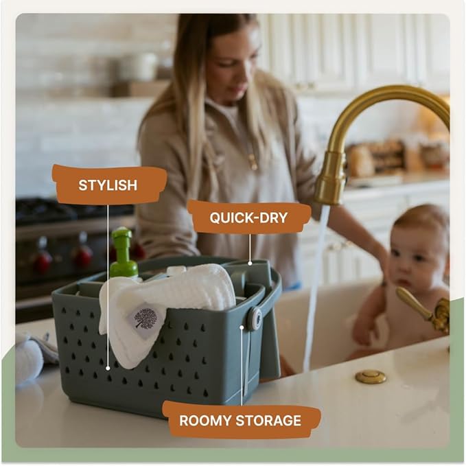 Parker Baby Bath Caddy | BPA Free & Food Grade Shower Caddy Organizer for Toys & Supplies | Quick-Dry, Sturdy & Perfect Size Shower Basket w/Handle in Neutral Colors