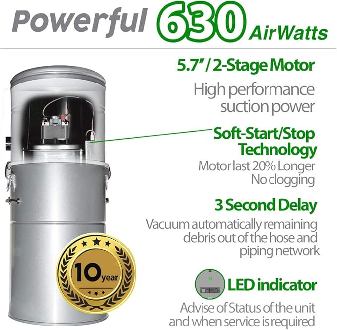 OVO Large and Powerful Central Vacuum System, Hybrid Filtration (with or Without Disposable Bags), 25L or 6.6 Gal, 630 Airwatts with 35 ft Carpet Deluxe Accessory Kit Included
