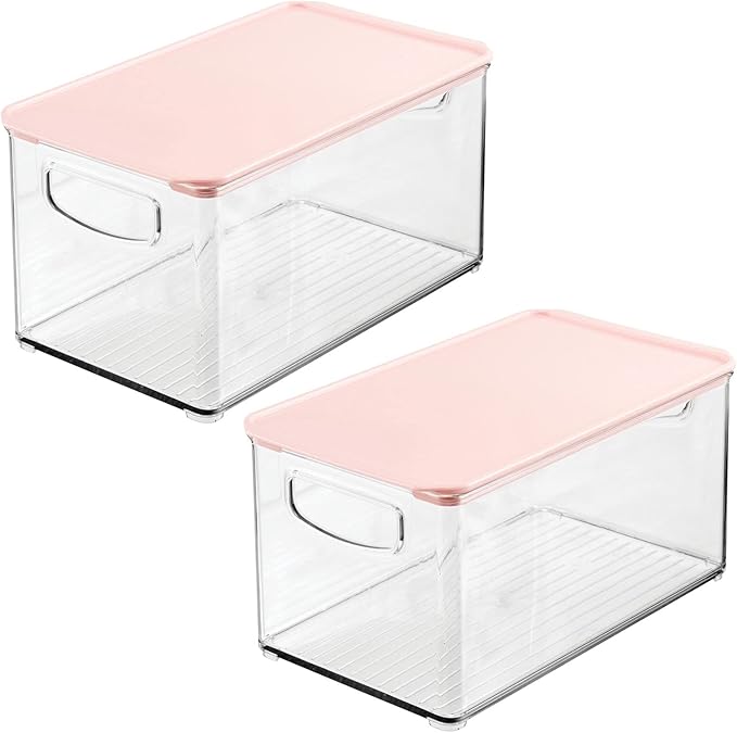 mDesign Deep Plastic Bathroom Storage Bin Box, Lid/Built-in Handles, Organization for Makeup, Hair Styling Tools, Toiletry Accessories in Cabinet, Shelves, Ligne Collection, 2 Pack, Clear/Pink