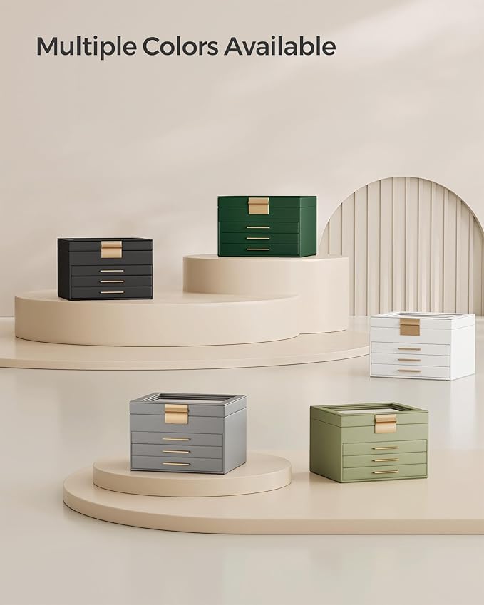 SONGMICS GISELLA Collection - Jewelry Box Organizer, 4-Layer Jewelry Storage with 3 Drawers, Shiny Metal Hardware, Glass Lid, Modern, 8 x 9.1 x 6.5 Inches, Forest Green and Gold Color UJBC173C01