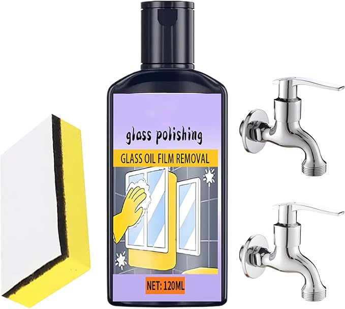 Streak Free Glass Cleaner, Oil Film Remover, Window Polish with 120ml Sponge, Shower Tile Solution for Bathroom Surfaces, Household Cleaning Supplies, Bathroom Mirror Washing for Toilets