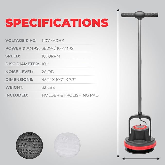 XtremepowerUS 10" Heavy Duty Single Pad Commercial Polisher Orbiter Hard Floor Polisher Cleaner Machine, Wide Cleaning Path Floor Cleaning, 39ft Cord