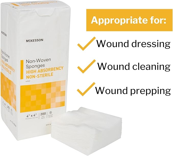 McKesson Non-Woven Sponges, Non-Sterile, 4-Ply, High Absorbency, Polyester/Rayon, 4 in x 4 in, 200 per Pack, 10 Packs, 2000 Total