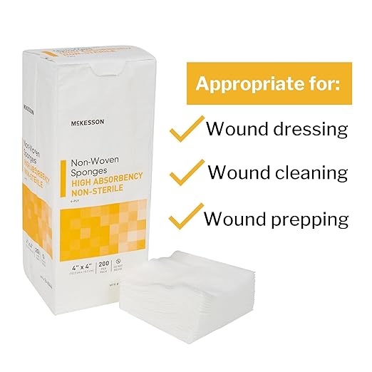 McKesson Non-Woven Sponges, Non-Sterile, 4-Ply, High Absorbency, Polyester/Rayon, 4 in x 4 in, 200 per Pack, 1 Pack