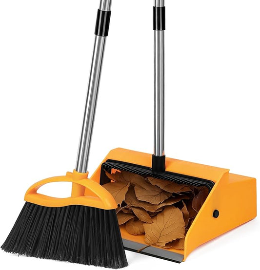 Commercial Broom and Dustpan Set，Long Handle Upright Heavy Duty Dust Pan Outdoor Indoor for Courtyards, Garages, Lobbies, Shopping Malls, Market Floors, Sidewalks, Classroom Floor Cleaning