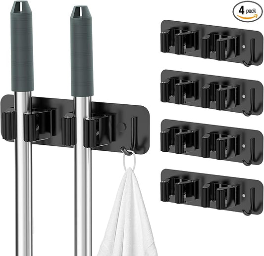 Wall Mount Mop and Broom Holder, Heavy Duty Stainless Steel Organizer Rack with Hooks | 4-Pack, 2-in-1 No Drill & Screw Installation, Black