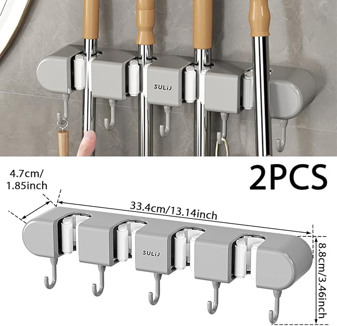 Mop Broom Holder Wall Mounted, 5 Racks and 4 Hooks Punch Free Mop and Broom Holder Wall Mount Broom Rack, Heavy Duty Hooks Self Adhesive Solid Non-slip for Home Kitchen Garden Laundry (2, Grey)