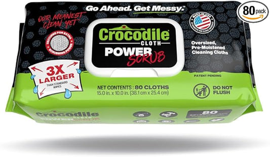 Crocodile Cloth PowerSCRUB Cleaning Wipes – 80 (15" x 10") Dual-Surface Cloths, Heavy-Duty, Moist, Absorbent, & Disposable - Safe on Skin & Multiple Surfaces