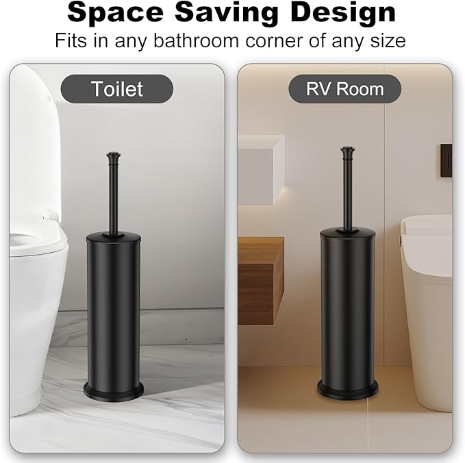 Black Toilet Brush and Holder，Extra Long Handled Toilet Brush for Bathroom，Stainless Steel Heavy Duty Toilet Bowl Brush,Removable Inner Bowl,Deep Cleaning Dense Bristles Cleaner Brush -Space Saving