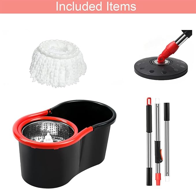 PULNDA Spin Mop and Bucket with Wringer Set, 360° Spinning Mop Bucket System with 1 Microfiber Mop Replacement Heads and 50" Stainless Steel Adjustable Handle for Floor Cleaning (15QT)