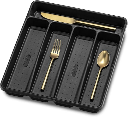 madesmart Small Silverware Tray, Compact 5 Compartment Flatware Organizer for Forks, Knives & Spoons, Non Slip, Soft Grip Lining, Fits Small Drawers, Black