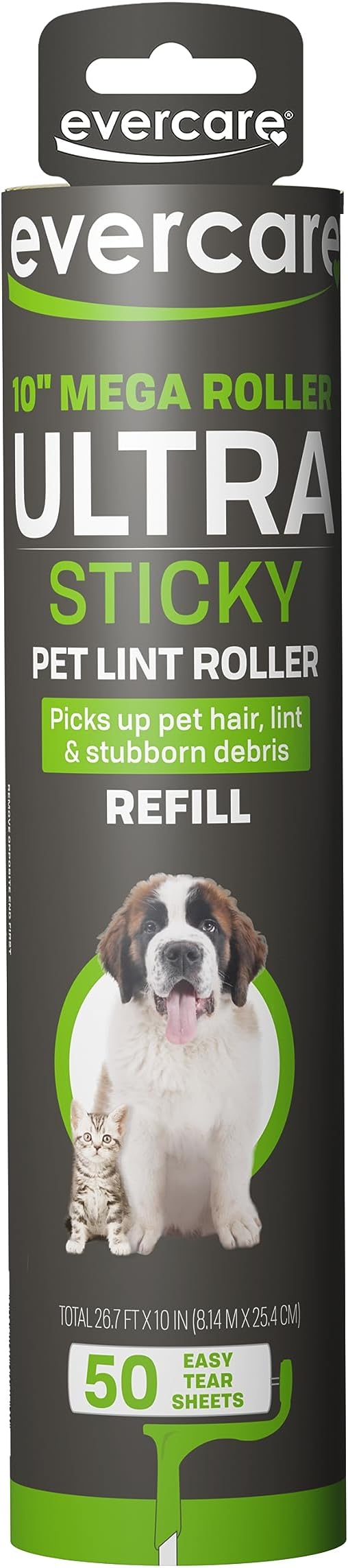 Evercare 10” Mega All-Purpose Pet Hair Lint Roller Refill, 50 Sheets – Sticky Roller for Pet Hair, Cat & Dog Hair Remover, Lint Remover, Pet Hair Remover for Furniture, Clothing & Cars