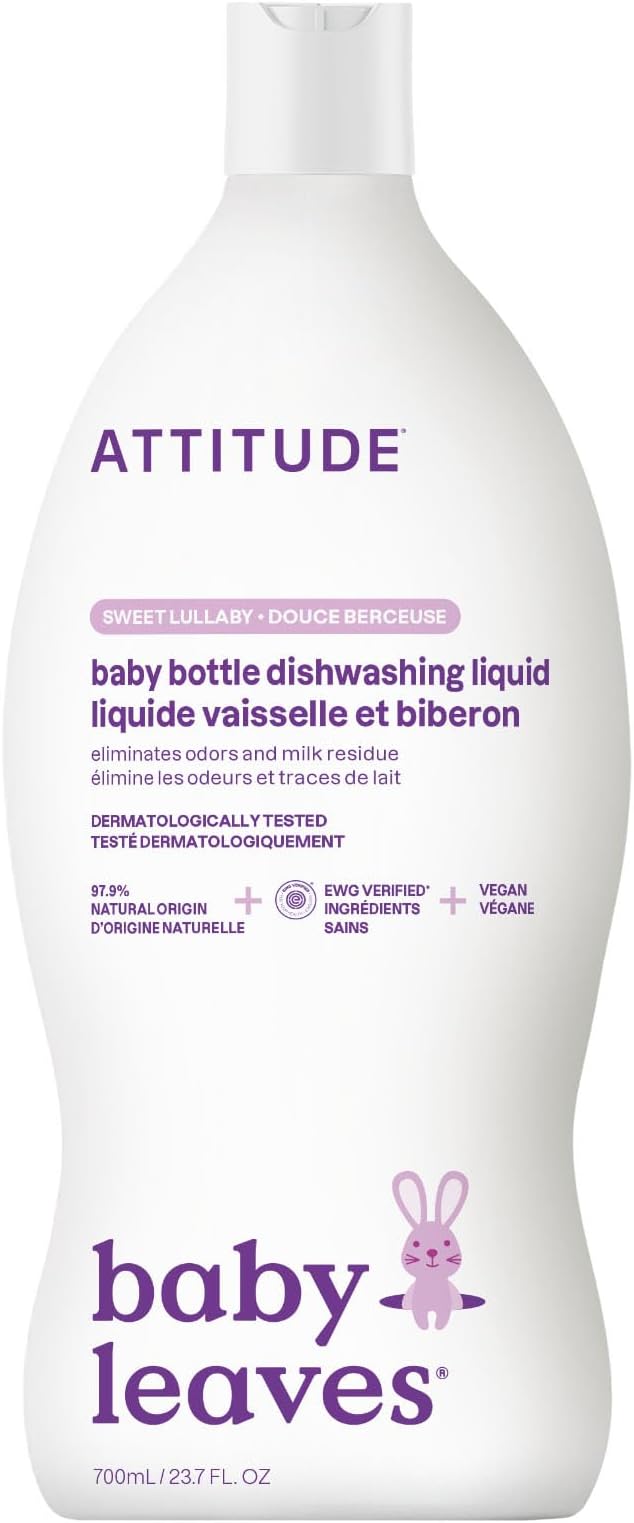 ATTITUDE Baby Dish Soap and Bottle Cleaner, EWG Verified Dishwashing Liquid, No Added Dyes or Fragrances, Tough on Milk Residue and Grease, Vegan, Sweet Lullaby, 23.7 Fl Oz