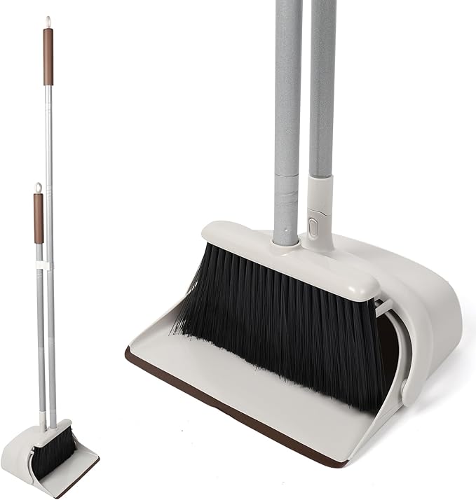 54" Long Handled Broom and Dustpan Set - Perfect Dust Pan and Brush Combo for Efficient Cleaning, Brown and White