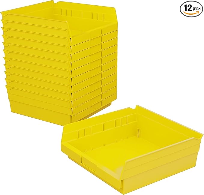 Akro-Mils 30170 Plastic Shelf Bins, Heavy Duty Storage Bins for Garage, Closet, and Drawer Organization, 12-Inch x 11-Inch x 4-Inch, Yellow, 12-Pack