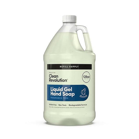 Clean Revolution Liquid Gel Hand Soap, Silky Rich Liquid, Quick Lather, Fast Rinsing, (Fragrance Free) 128 Fl Oz