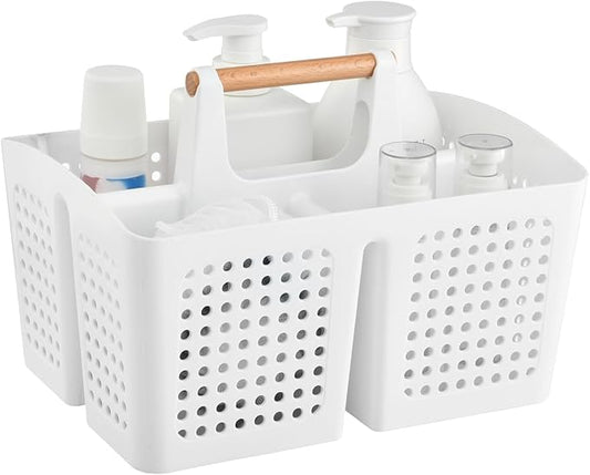 Portable Shower Caddy Basket with Compartments, Plastic Divided Cleaning Caddy Organizer Storage Tote with Handle for Bathroom, College, Dorm Room Essentials, White