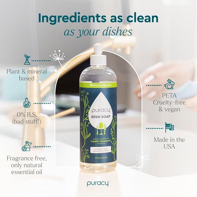 Puracy Natural Dish Soap Packs - Skin-Softening Plant-Based Dishwashing Soap, Non-Toxic Dish Soap, Organic Liquid Dishwashing Detergent Soap (Organic Lemongrass, 16 fl oz, 3 Pack)