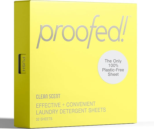 Proofed! Laundry Detergent Sheets, 32 Count, Clean Scent, The Only 100% Plastic-Free Sheet, No PVA or PVOH, Hypoallergenic, Bio-Based Ingredients, Made in USA, 1 Box