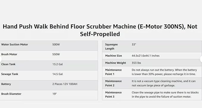 Walk Behind Floor Scrubber Machine *Non SELF-PROPELLED* Need to Push it Forward w/100AH Batteries 14.5 gal Tank, (Model: MX3NS-300NS)