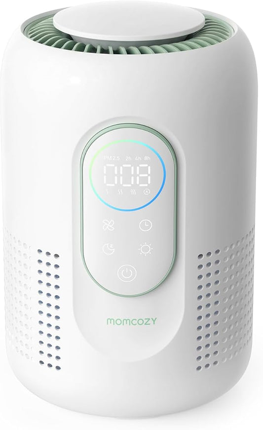 Momcozy Nursery Air Purifier, 4-Filter System with H13 HEPA & Carbon, Real-Time PM2.5 Air Quality Monitor & Display with 3-Color Status, Baby Air Purifier with 21 dB Sleep Mode, Dimmable Night Light