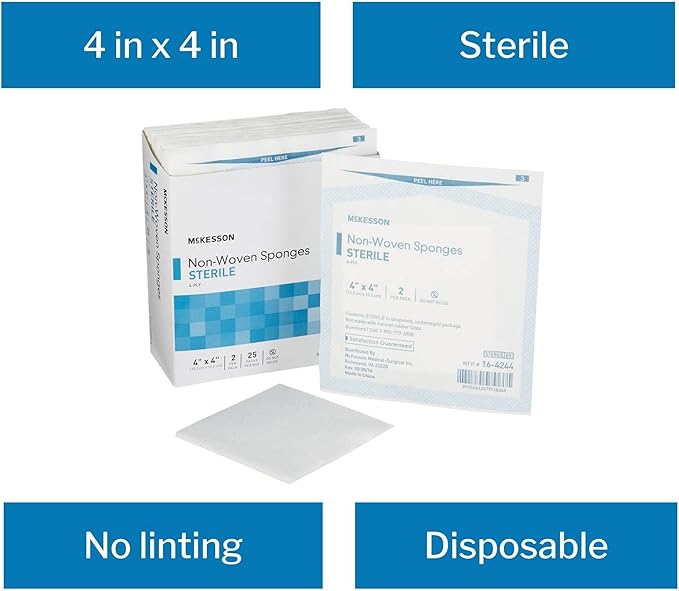 McKesson Non-Woven Sponges, Sterile, 4-Ply, Polyester/Rayon, 4 in x 4 in, 2 per Pack, 600 Packs, 1200 Total