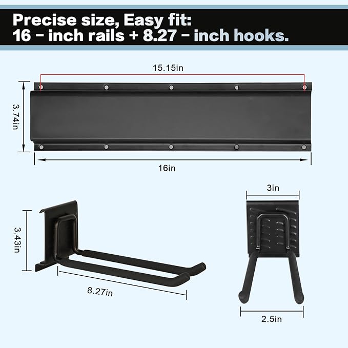 Garage Tool Organizer Wall Mount 16in- 2 Heavy Duty Hooks,120lbs Capacity, Garage Organization & Storage Rack for Broom, Rake & Snow Equipment - Tool Organizer & Men’s Gift Choice