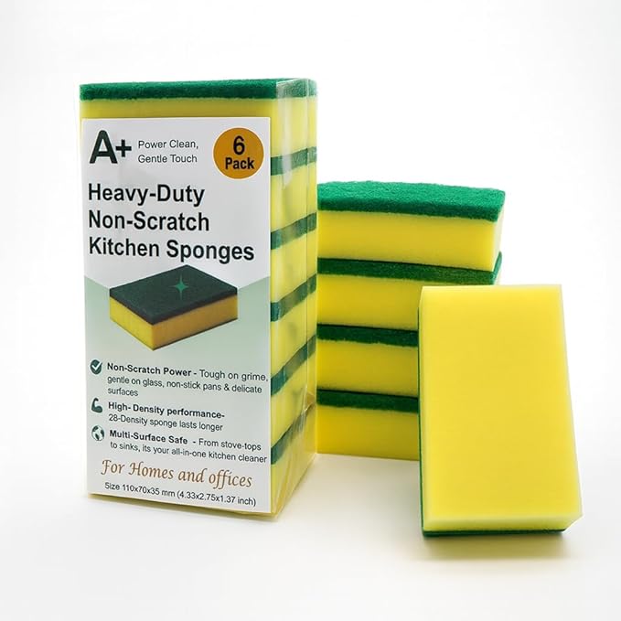 Kitchen Cleaning Sponge,Heavy Duty,Non-Scratch,High Density and for Multi-Surface Use (Homes & Offices) - 6 Pack (Yellow/Green)