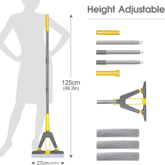 Sponge Mop,Masthome Roller Sponge Mop,Easy Self Squeeze Mop and Stainless Steel Handle,PVA Mops with 3 Absorbent Mop Refills for Home Use Tile Floor Bathroom Cleaning