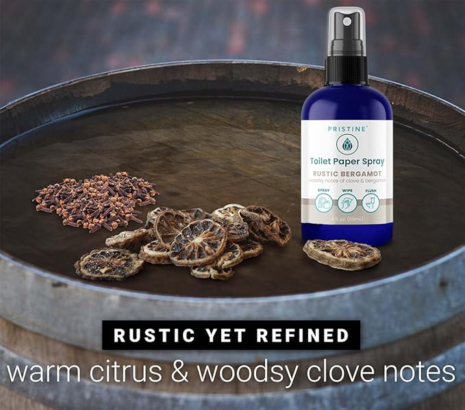 PRISTINE Toilet Paper Spray Instead of Wipes and Bidets - Like Foam Alternative and Gel Alternatives to Wipes, is a Refreshing Bidet Attachment Substitute, Rustic Bergamot, 32 fl oz Refill