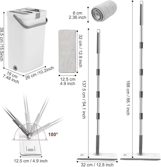 Flat Floor Mop and Bucket Set with Wringer, Flat Mops for Floor Cleaning, Wall Mop Cleaner with Long Handle, Hardwood Floor Mop with 3 Microfiber Pads (XF)
