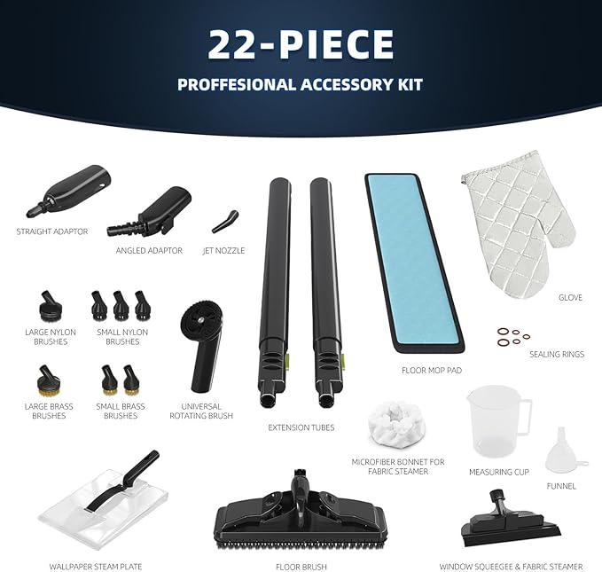 Heavy-Duty Steam Cleaner - 1500W Multipurpose Handheld Floor Steamer with 22 Accessories 16ft Cord for Home, Car Detailing, Tile, Grout, Carpet, Wallpaper, Upholstery, Window, Deep Cleaning