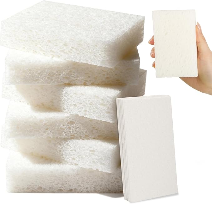 6 Pcs Kitchen Sponges for Dishes Cleaning, Non Scratch for Non Stick Cookware, Compressed Natural Cellulose Sponges, Dish Washing Scrubbers, Scrubbing Pads for Household, Bathroom (White)