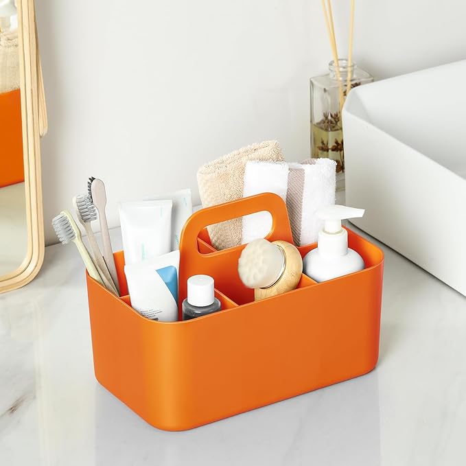 Multiuse Caddy Organizer with Handle, Stackable Plastic Tote Bin - Art Craft Supplies, Office, Desk, Stationery Pen Holder, Kitchen, Utensil, Makeup, Bathroom, Shower, Cleaning, Dorm Organizer, Orange