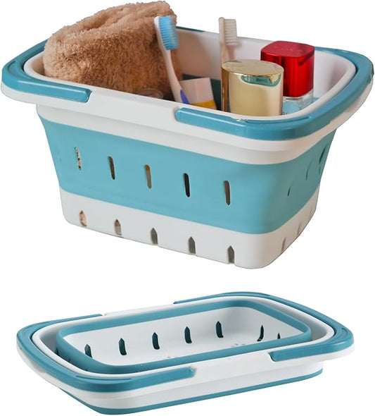 Portable Folding Plastic Bath Caddy with Handle, Perforated, Travel Bathroom Organizer for Bedroom, Bathroom, Shower, Dorm Room, Camping and RV Use (Blue, 1 pack)
