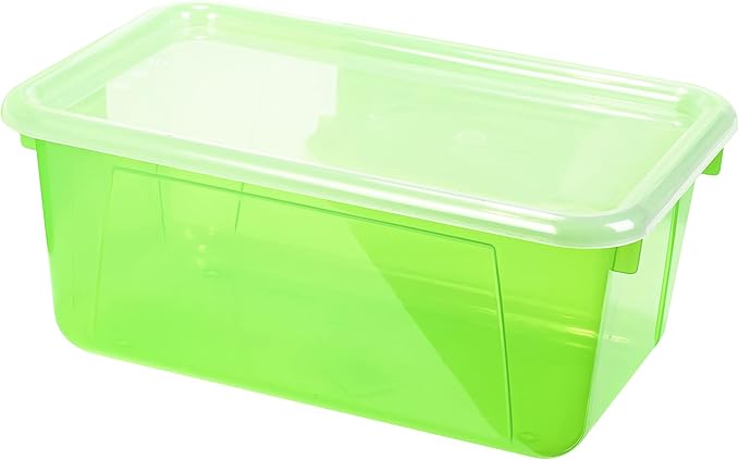 Storex Small Cubby Bins – Plastic Storage Containers for Classroom with Non-Snap Lid, 12.2 x 7.8 x 5.1 inches, Tint Green, 5-Pack (62483U05C)