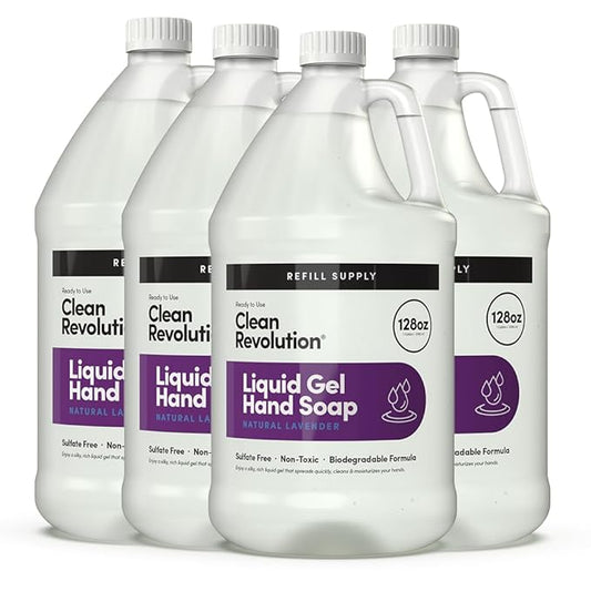 Clean Revolution Liquid Gel Hand Soap, Silky Rich Liquid, Quick Lather, Fast Rinsing, (Natural Lavender) 128 Fl Oz, 4 Pack - Made in USA