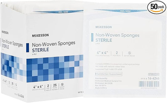 McKesson Non-Woven Sponges, Sterile, 6-Ply, Polyester/Rayon, 4 in x 4 in, 2 per Pack, 25 Packs, 50 Total