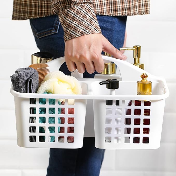 Haundry 3 Compartments Plastic Shower Caddy Basket, Portable Divided Cleaning Supply Storage Organizer with Handle (White)